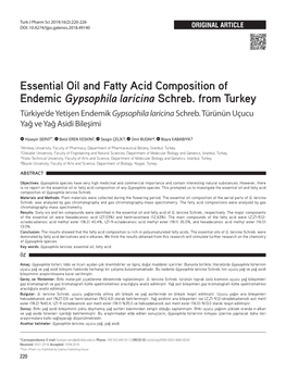 Essential Oil and Fatty Acid Composition of Endemic Gypsophila Laricina Schreb