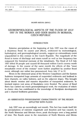 Geomorphological Aspects of the Flood of July 1997 in the Morava and Oder Basins in Moravia, Czech Republic