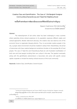 Creative Class and Gentrification: the Case of Old Bangkok Foreigner Communities,Charoenkrung and Talad Noi Neighbourhood