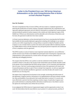 Letter to the President from Over 100 Former American Ambassadors on the Joint Comprehensive Plan of Action on Iran’S Nuclear Program
