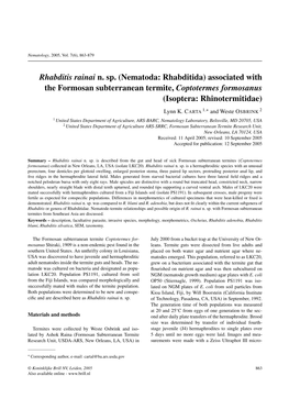 Rhabditis Rainai N. Sp. (Nematoda: Rhabditida) Associated with the Formosan Subterranean Termite, Coptotermes Formosanus (Isoptera: Rhinotermitidae) ∗ Lynn K