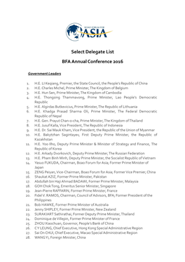 Select Delegate List BFA Annual Conference 2016