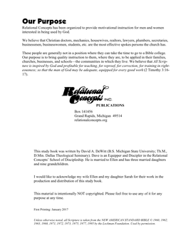 Our Purpose Relational Concepts Has Been Organized to Provide Motivational Instruction for Men and Women Interested in Being Used by God