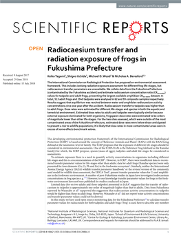 Radiocaesium Transfer and Radiation Exposure of Frogs in Fukushima Prefecture Received: 9 August 2017 Keiko Tagami1, Shigeo Uchida1, Michael D