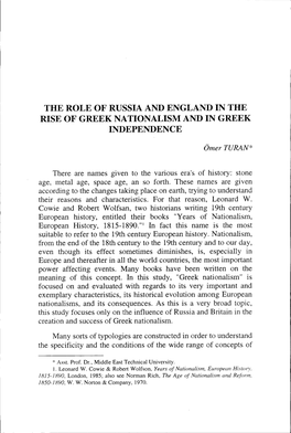 The Role of Russia and England in the Rise of Greek Nationalism and in Greek Independence