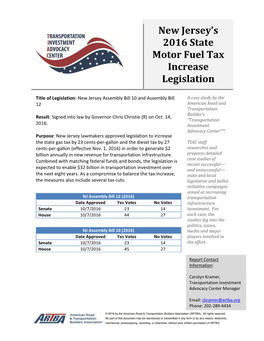 New Jersey's 2016 State Motor Fuel Tax Increase Legislation
