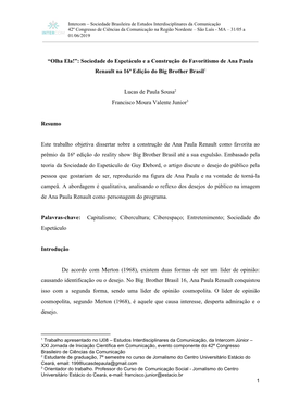 Sociedade Do Espetáculo E a Construção Do Favoritismo De Ana Paula Renault Na 16ª Edição Do Big Brother Brasil1