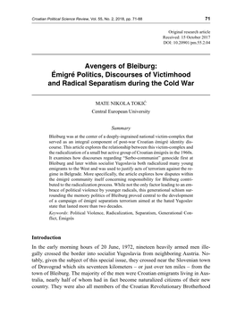 Avengers of Bleiburg: Émigré Politics, Discourses of Victimhood and Radical Separatism During the Cold War