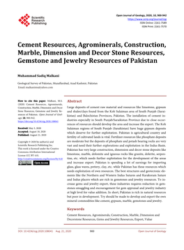 Cement Resources, Agrominerals, Construction, Marble, Dimension and Decor Stone Resources, Gemstone and Jewelry Resources of Pakistan