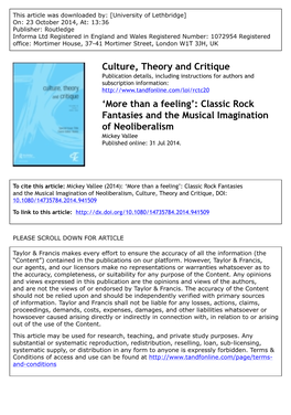 Classic Rock Fantasies and the Musical Imagination of Neoliberalism Mickey Vallee Published Online: 31 Jul 2014