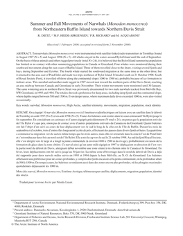 Summer and Fall Movements of Narwhals (Monodon Monoceros) from Northeastern Baffin Island Towards Northern Davis Strait R