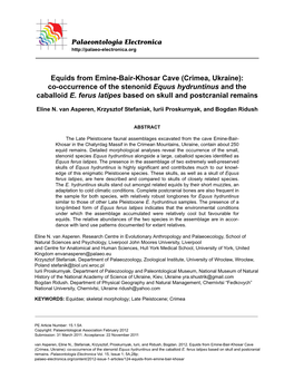 Equids from Emine-Bair-Khosar Cave (Crimea, Ukraine): Co-Occurrence of the Stenonid Equus Hydruntinus and the Caballoid E. Ferus