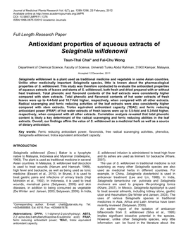 Antioxidant Properties of Aqueous Extracts of Selaginella Willdenowii