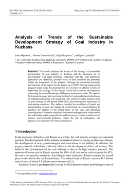 Analysis of Trends of the Sustainable Development Strategy of Coal Industry in Kuzbass