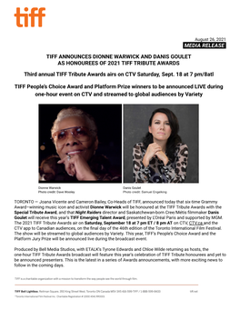 TIFF ANNOUNCES DIONNE WARWICK and DANIS GOULET AS HONOUREES of 2021 TIFF TRIBUTE AWARDS.Docx