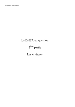 La DHEA En Question 2 Partie Les Critiques