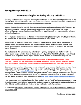 Facing History 21-22 Summer Reading List