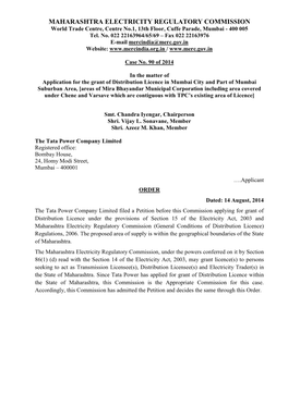 MAHARASHTRA ELECTRICITY REGULATORY COMMISSION World Trade Centre, Centre No.1, 13Th Floor, Cuffe Parade, Mumbai - 400 005 Tel