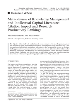 Meta-Review of Knowledge Management and Intellectual Capital Literature: Citation Impact and Research Productivity Rankings