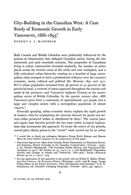 A Case Study of Economic Growth in Early Vancouver, 1886-1893* ROBERT A