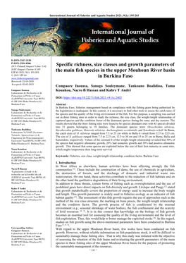 Specific Richness, Size Classes and Growth Parameters of the Main Fish Species in the Upper Mouhoun River Basin in Burkina Faso