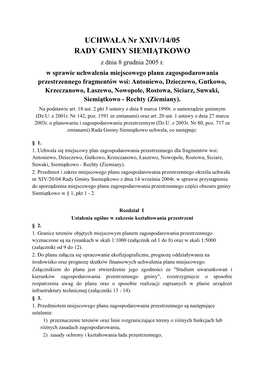 UCHWAŁA Nr XXIV/14/05 RADY GMINY SIEMIĄTKOWO Z Dnia 8 Grudnia 2005 R