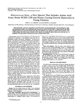 Enterococcus Hirae, a New Species That Includes Amino Acid Assay Strain NCDO 1258 and Strains Causing Growth Depression in Young Chickens