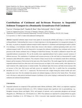 Contributions of Catchment and In-Stream Processes to Suspended Sediment Transport in a Dominantly Groundwater-Fed Catchment Yan Liu1, Christiane Zarfl1, Nandita B