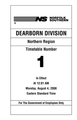 DEARBORN DIVISION Northern Region Timetable Number 1