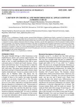 JATROPHA CURCAS Sachdeva Kamal*, Singhal Manmohan, Srivastava Birendra Department of Pharmacology, Jaipur National University, Jaipur, Rajasthan, India