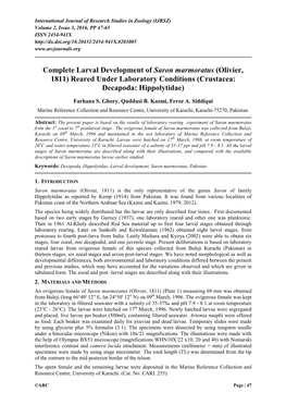 Complete Larval Development of Saron Marmoratus (Olivier, 1811) Reared Under Laboratory Conditions (Crustacea: Decapoda: Hippolytidae)