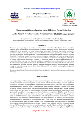 Cleome Droserifolia: an Egyptian Natural Heritage Facing Extinction Abdel Raouf a Moustafa1, Samira R Mansour 1 and Modhi Obaidan Alotaibi 2