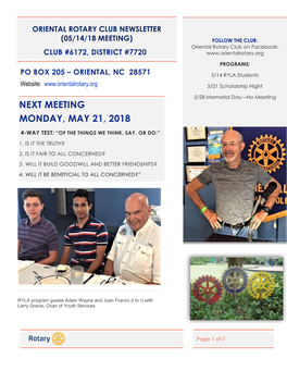 Next Meeting Monday, May 21, 2018