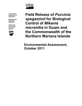 Field Release of Puccinia Spegazzinii for Biological Control of Mikania Micrantha in Guam and the Commonwealth of the Northern Mariana Islands