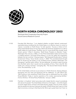NORTH KOREA CHRONOLOGY 2003 Northeast Asia Cooperative Security Project Social Science Research Council