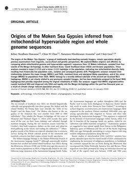 Origins of the Moken Sea Gypsies Inferred from Mitochondrial Hypervariable Region and Whole Genome Sequences