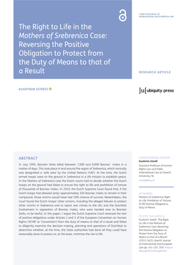 The Right to Life in the Mothers of Srebrenica Case: Reversing the Positive Obligation to Protect from the Duty of Means to That of a Result RESEARCH ARTICLE