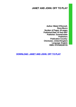 Janet and John: Off to Play Pdf Free Download