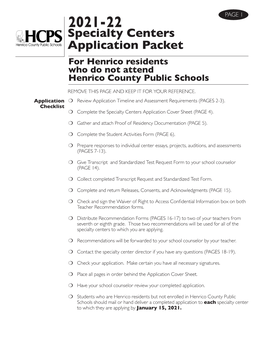 2021-22 Specialty Centers Application Packet for Henrico Residents Who Do Not Attend Henrico County Public Schools