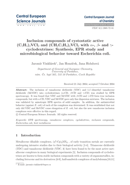 (CH3C5H4)2Vcl2 with Α-, Β-Andγ- Cyclodextrines: Synthesis, EPR Study and Microbiological Behavior Toward Escherichia Coli