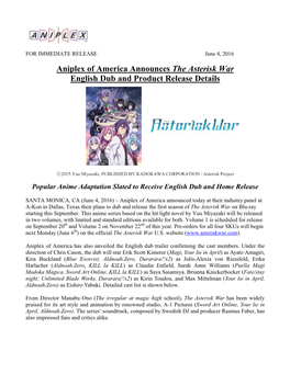 Aniplex of America Announces the Asterisk War English Dub and Product Release Details