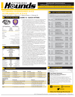 Pittsburgh Riverhounds (4-4-3) Vs Orlando City B