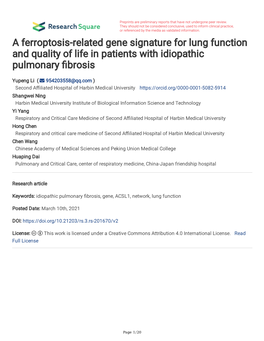 A Ferroptosis-Related Gene Signature for Lung Function and Quality of Life in Patients with Idiopathic Pulmonary Brosis