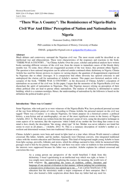 The Reminiscence of Nigeria-Biafra Civil War and Elites' Perception of Nation and Nationalism in Ni