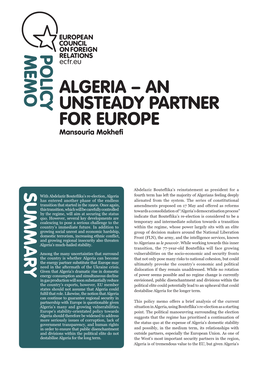 ALGERIA – an UNSTEADY PARTNER for EUROPE Mansouria Mokhefi