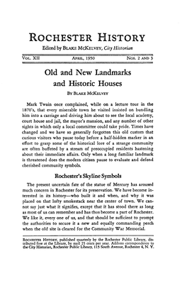 ROCHESTER HISTORY Edited by BLAKE Mckelvey, City Historian