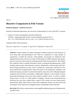 Bioactive Components in Fish Venoms