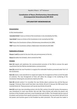 Constitution of Nauru (Parliamentary Amendments) (Consequential Amendments) Bill 2010