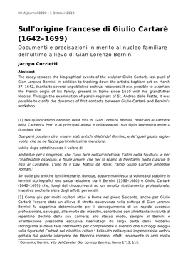 Sull'origine Francese Di Giulio Cartarè (1642–1699) Documenti E Precisazioni in Merito Al Nucleo Familiare Dell'ultimo Allievo Di Gian Lorenzo Bernini