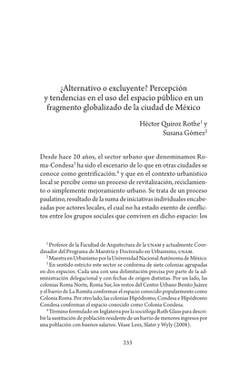 ¿Alternativo O Excluyente? Percepción Y Tendencias En El Uso Del Espacio Público En Un Fragmento Globalizado De La Ciudad De México